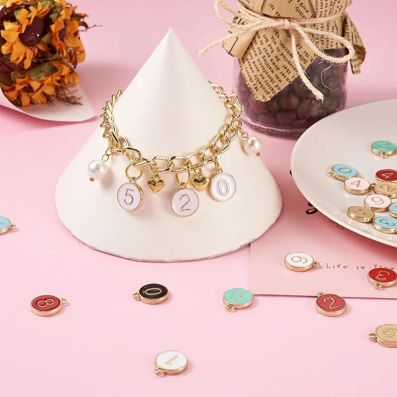 Wholesale Alloy Enamel Number Charms Flat Round 0-9 Number Pendants for DIY Jewelry Making