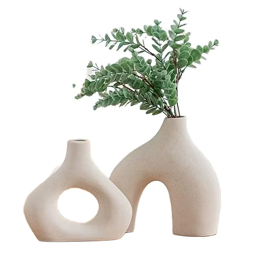 Set of 2 Ceramic Vase for Pampas Round  Neutral Boho Matte White Ceramic Vase Modern Nordic Minimalism Style Donut Vase