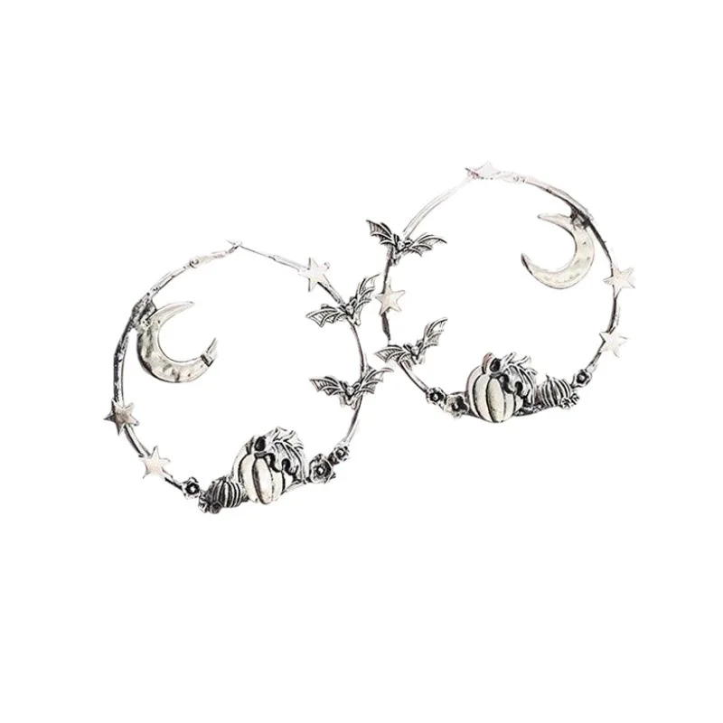 Halloween Cosplay Costume Accessories Halloween Bat Gothic Earring for Women Goth Style Moon Bat Pumpkin Dangling Hoop Earring