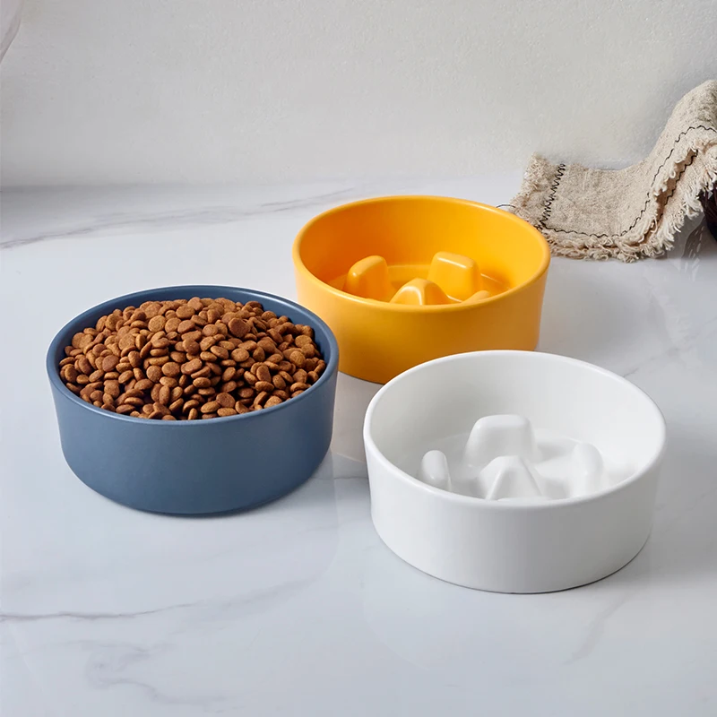 UFBemo Groove Design Ceramic Anti-skid Round Pet Slow Food Feeder Bowl Training Dog Cat Eating Dish