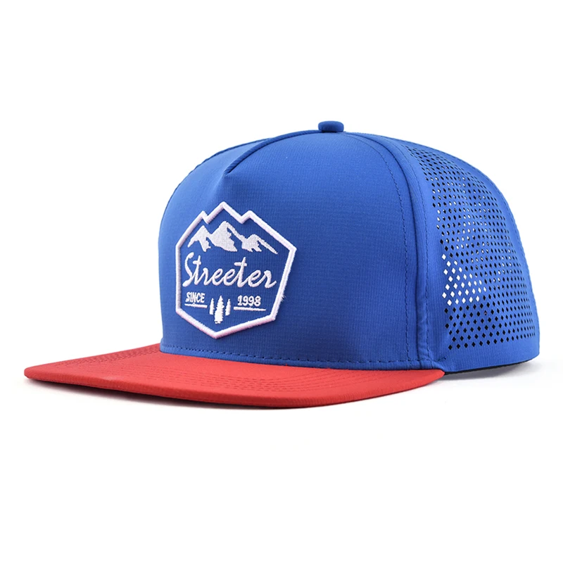 customised 5 panel laser cut drilled hole nylon custom luxury snapback hat embroidered cap for men