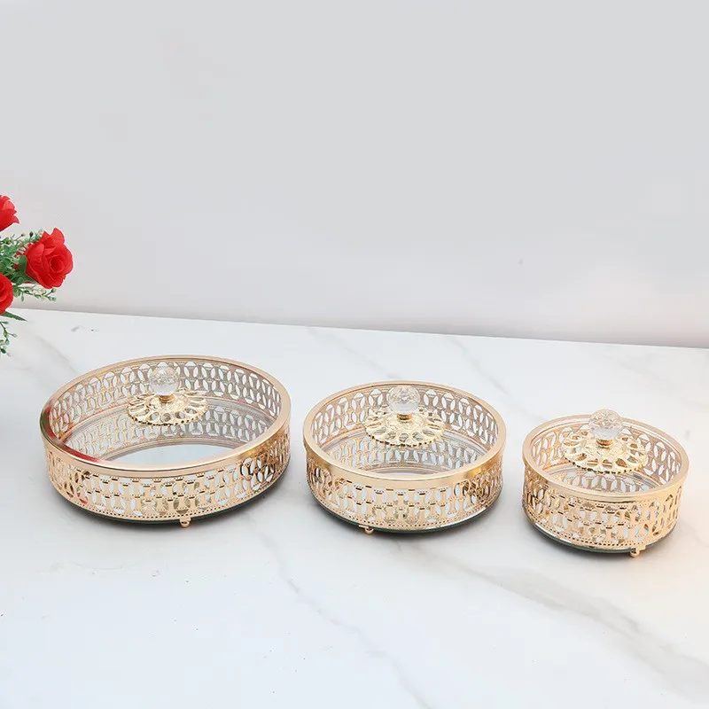 Circular Creative Mirror Glass Tray Fruit Plate Light Luxury Living Room Household Luxury Snack Fruit Plate Three Piece Set