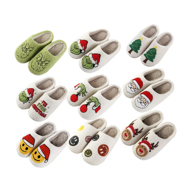wholesale cartoon Warm fuzzy cotton ladies Slippers home Indoor plush Santa  Soft Grinch christmas slippers for woman