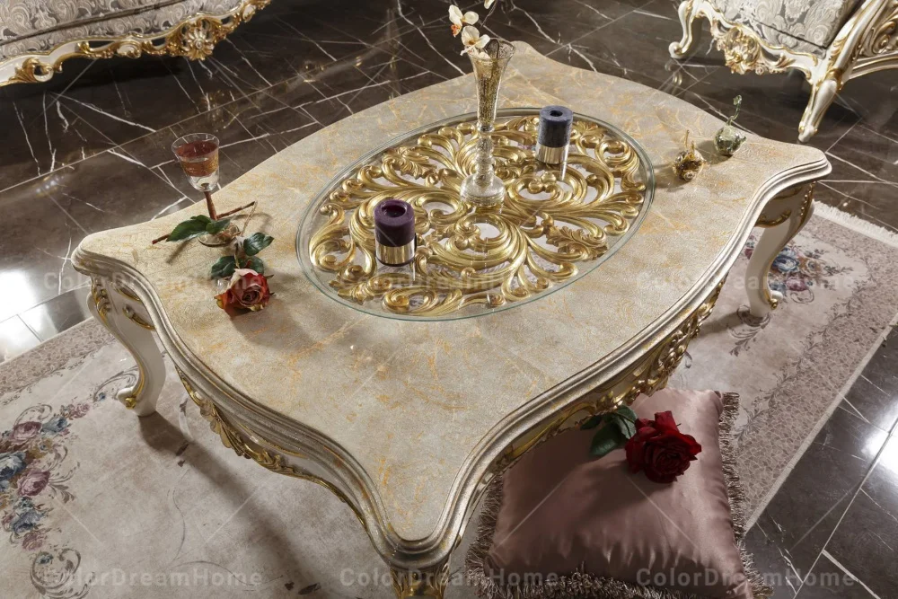 Luxury Villa Furniture European Carved White Gold Coffee Table Set Classic Design Glass Top Center Table For Living Room