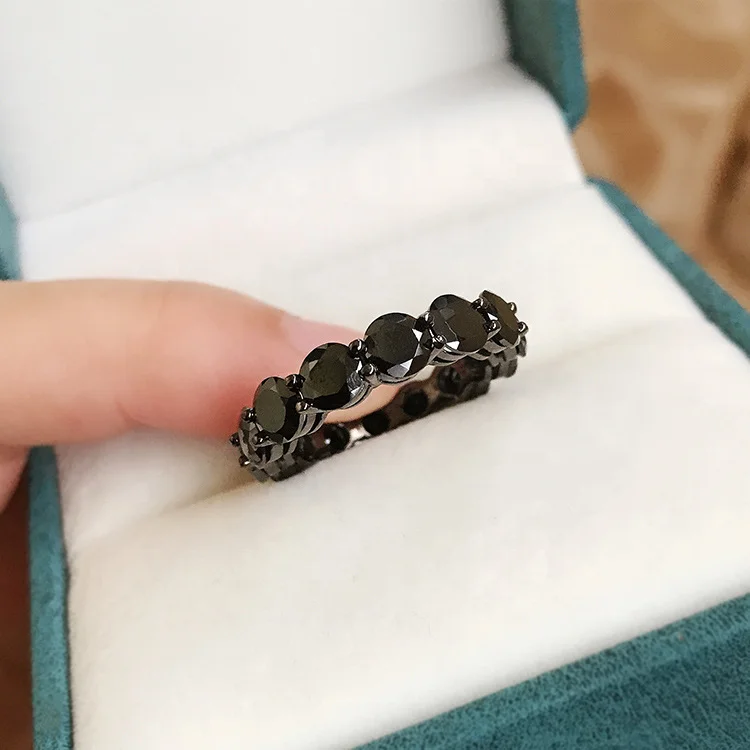 2023 New Retro Style 925 Sterling Silver Jewelry Full Eternity Band Rings Round Shape Black Crystal Zircon Wedding Band Rings