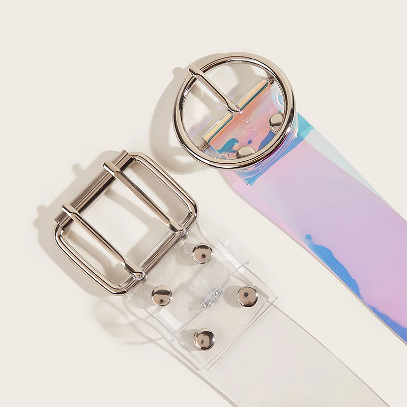 2PCS Fully Transparent Belt Female Silver Square Button PVC Clear Belt And Silver Round Button PVC Laser Plastic Belt
