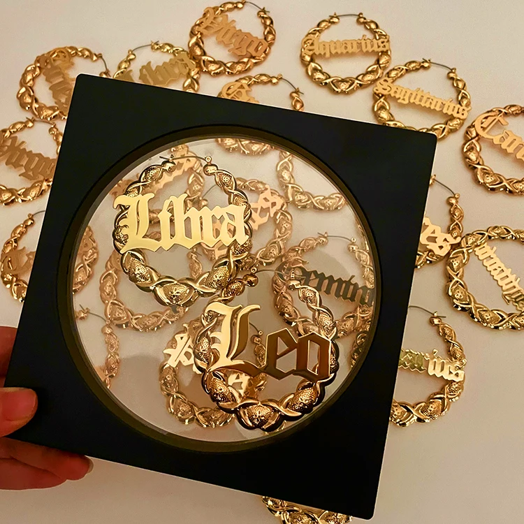 Custom name 14k gold plated Old English font 12 zodiac sign  horoscope XOXO bamboo hoop earrings women