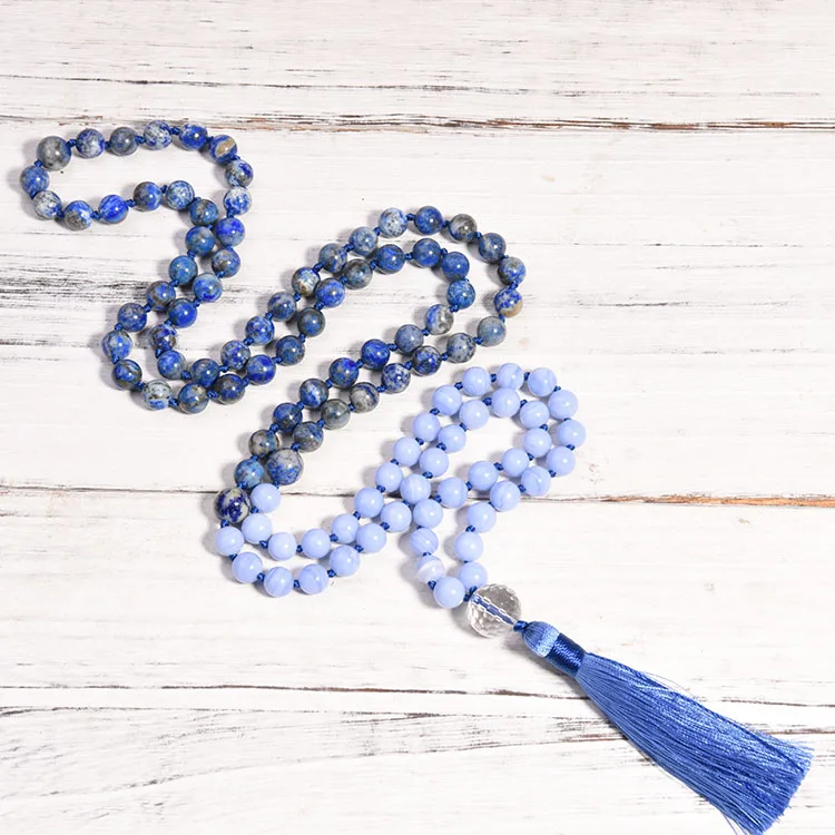 Natural 8MM Lava Stone Tiger Eye Bead Designs Necklace 108 Mala Bead Necklace Tassel Bangs Necklace