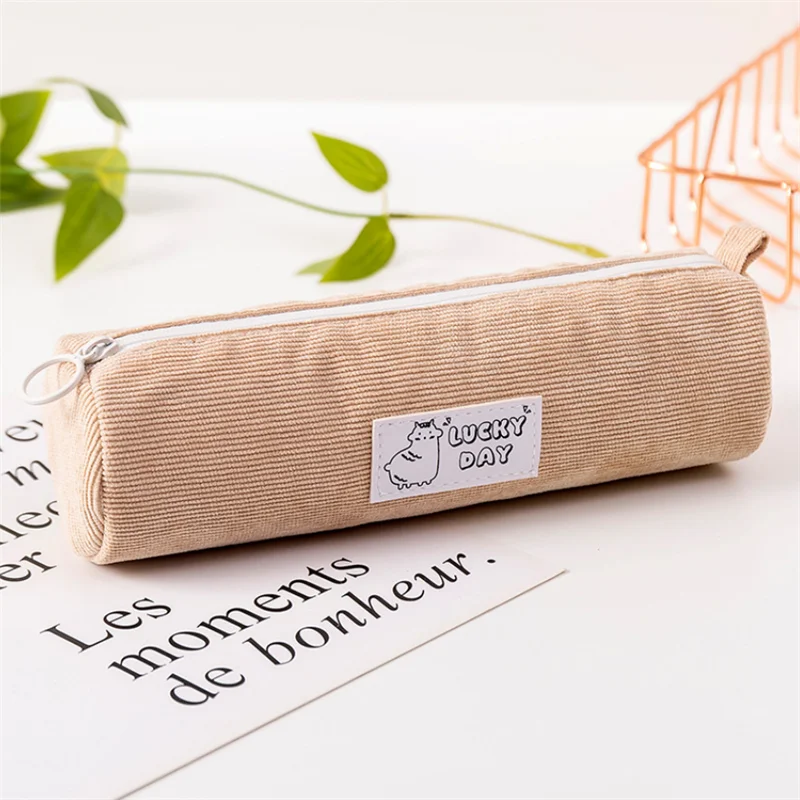 
Slim army green pencil bag Corduroy soft front tag unisex pen bag long zipper pouch pencil case 
