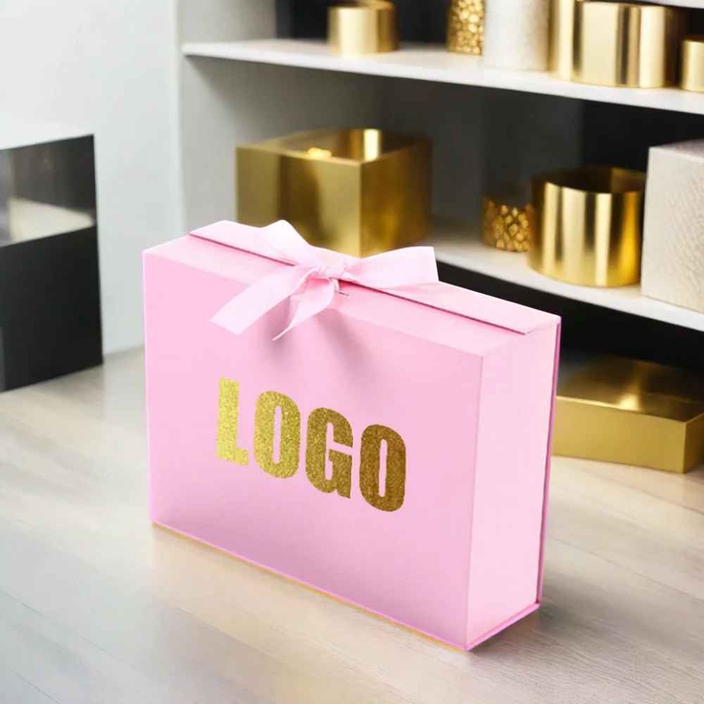 Luxury Cute Birthday Snack Foldable Magnetic Cosmetic Cover Gift Box Custom Logo with Packaging Featuring Ribbon