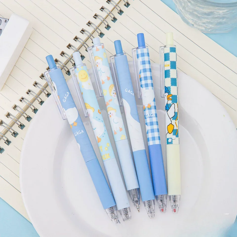 6pcs/set 0.5mm Cute Duck Gel Pens - Fine Writing Instruments with ST Nib, Black Ink, Press Pen Function Aesthetic Stationery