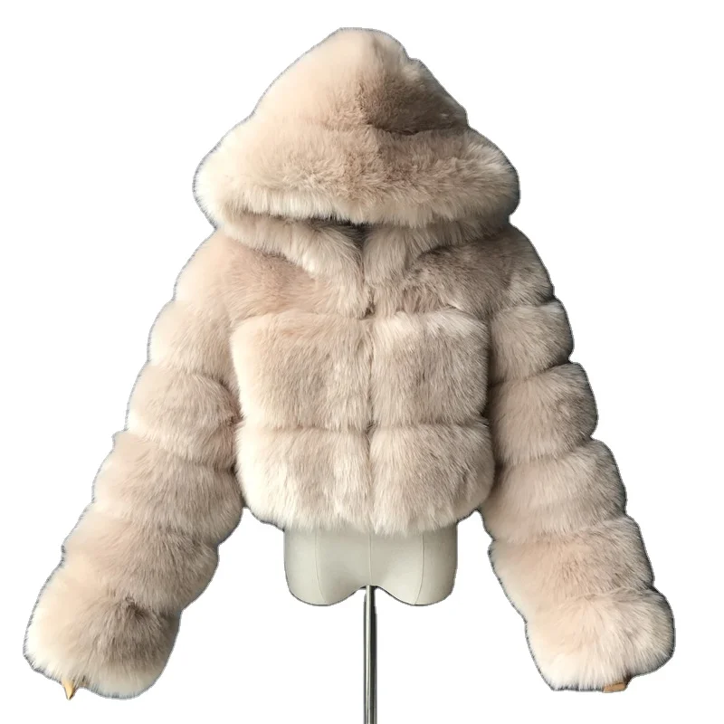 Fashion Winter Woman Cropped Long Sleeve Short Jacket Hooded Faux Fur Coat