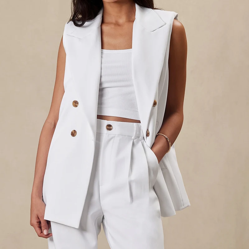 Casual Lapel Sleeveless Suit Vest for Ladies Double Breasted Vest Coat Shoulder Pads Waistcoat