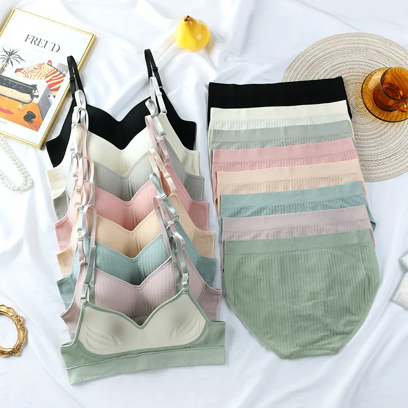 Женский бесшовный хлопковый бюстгальтер пуш-ап с фиксированной чашкой без стальных колец студенческое нижнее белье для девушек набор бесшовных