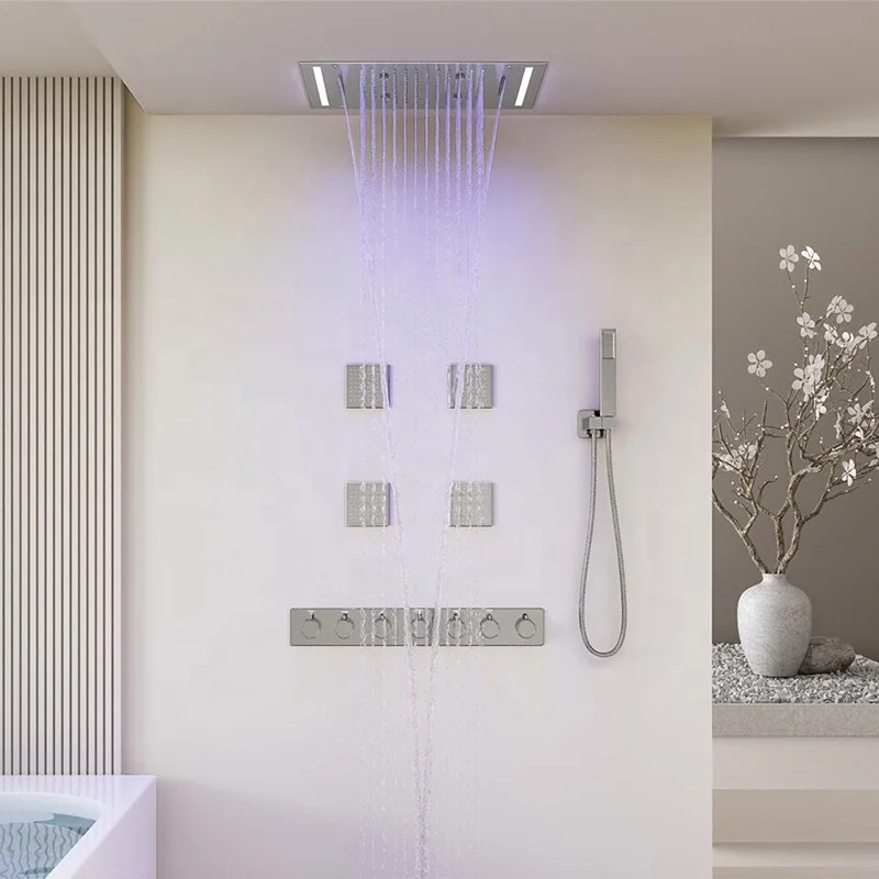 Ceiling Mounted LED Big Head Shower Wall Mounted Recessed Bathtub Mixer Shower System Thermostatic Concealed Bathroom Shower Set