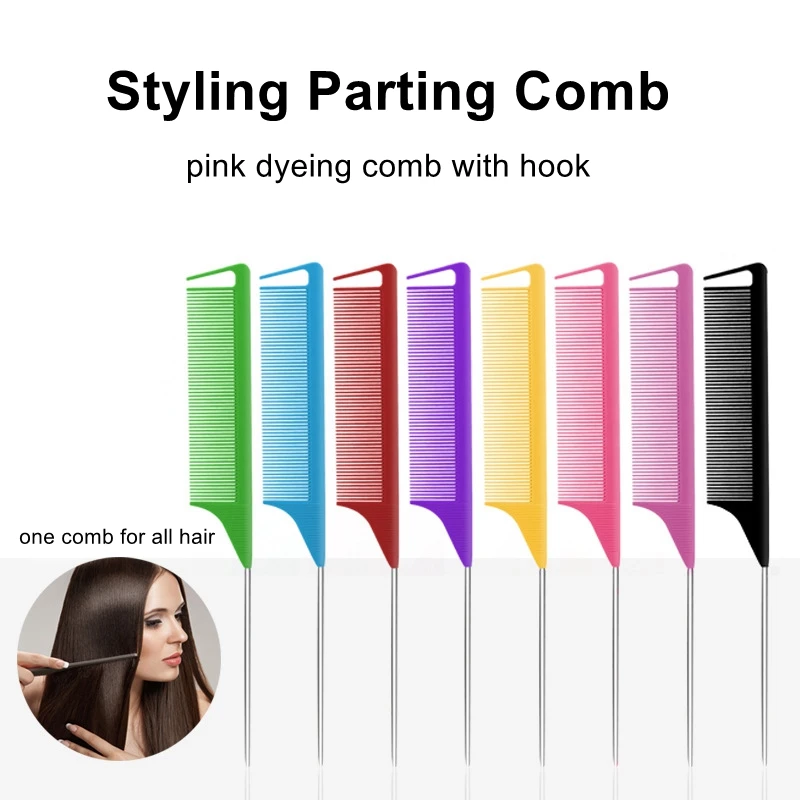 Hot selling custom private label Pink Hair Tinting Parting Comb salon styling metal pin rat tail carbon braiding comb for women
