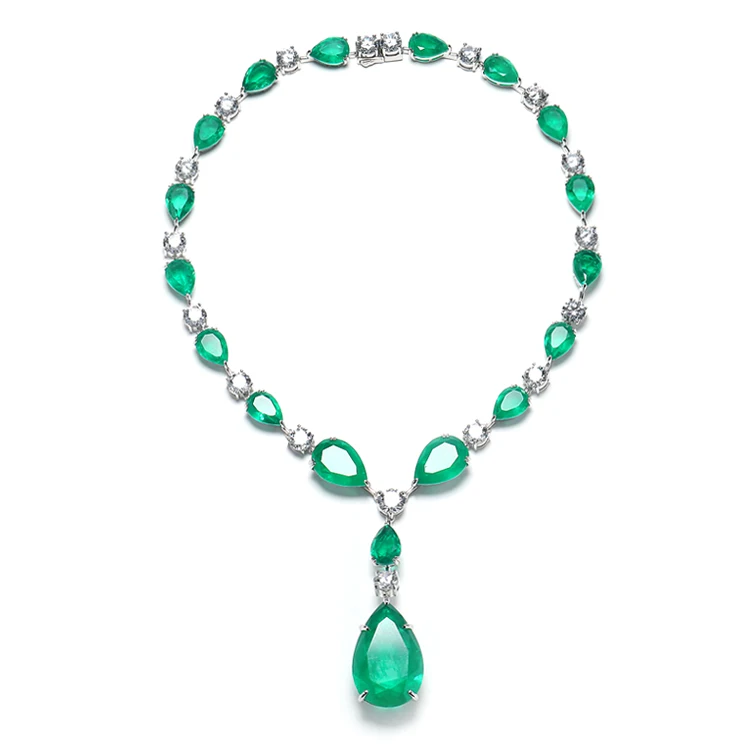 Luxury Silver Jewelry Zircon Pendant Necklace Charm CZ Diamond Chain Necklace Full Iced Out Green Stone Necklace