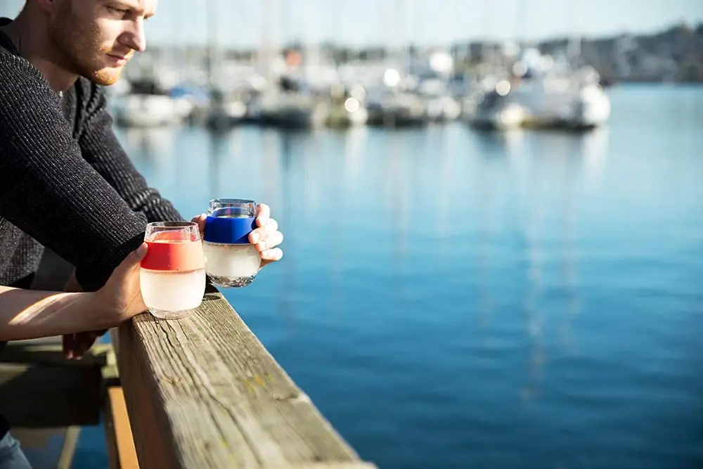 Freezer Beer Glasses Double Wall Freezer Gel Chiller Borosilicate Glass Cup Coffee Cup With Grey Silicone Band