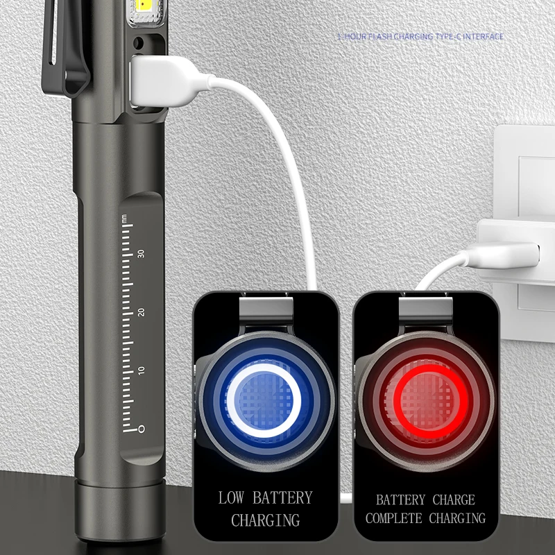 High Quality Three Light Source Mini Pen Light Built-in Battery Type-c Multifunctional Medical Pen Flashlight with Scale