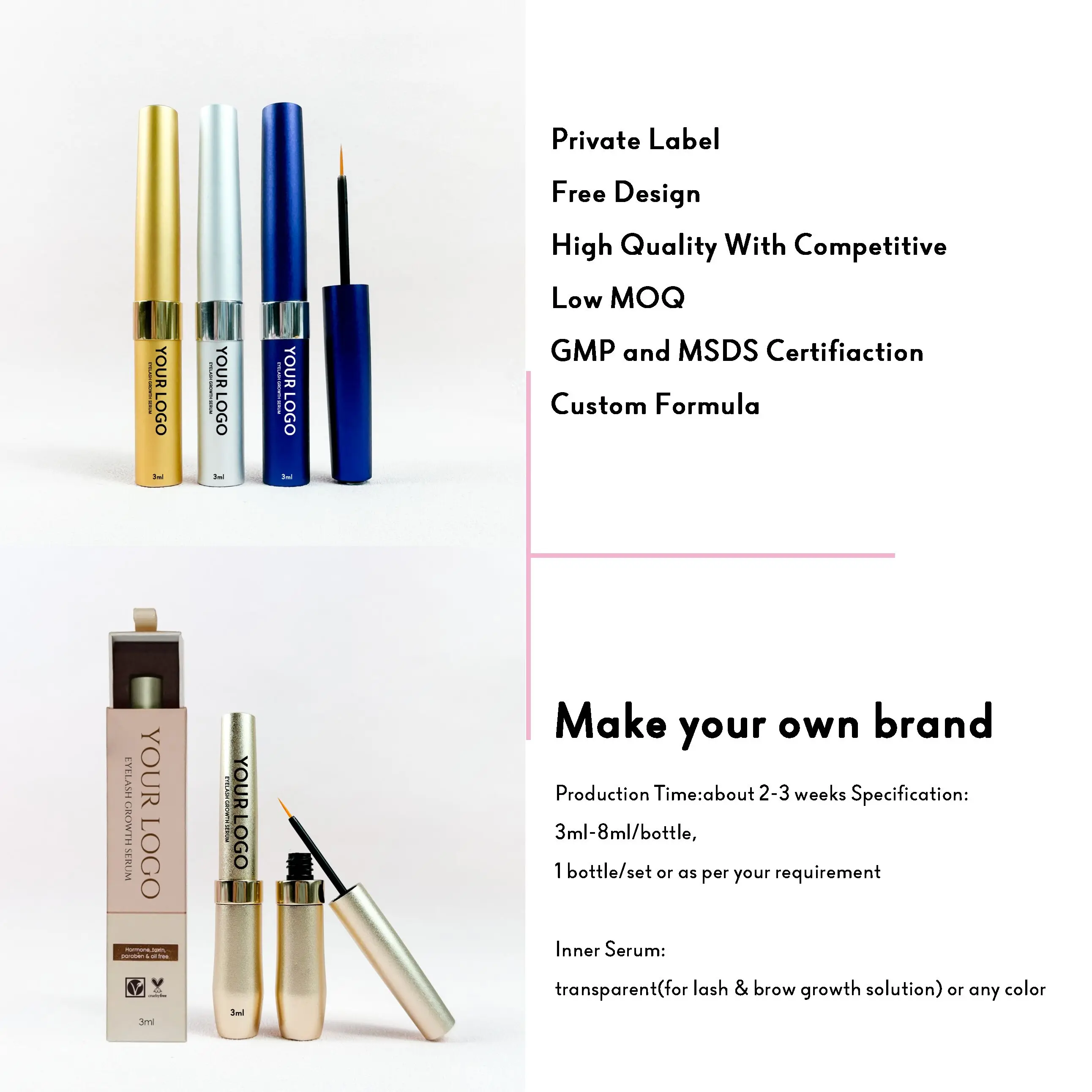 Allergy-free natural lash serum wholesale Private label 100% Organic eyelash and eyebrow growth serum oil-free Eyelash Enhancing