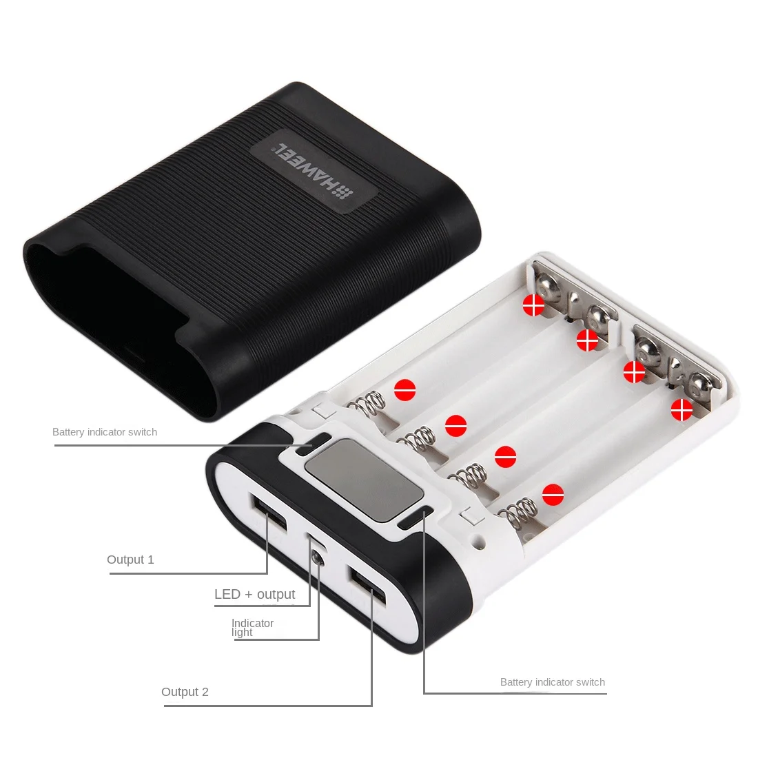 HAWEEL DIY 4x 18650 Battery (Not Included) 10000mAh Power Bank Shell Box with 2x USB Output & Display, For iPhone, Galaxy
