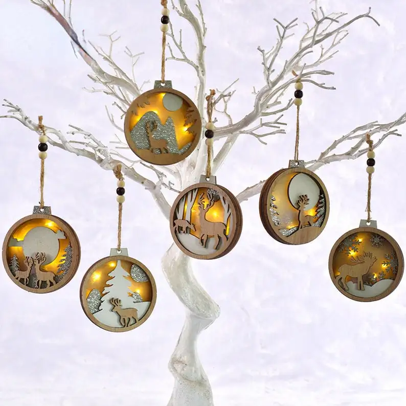 3D LED Custom Pendant Tree Decoration Wooden Hanging Crafts Lights Wood Christmas ornaments