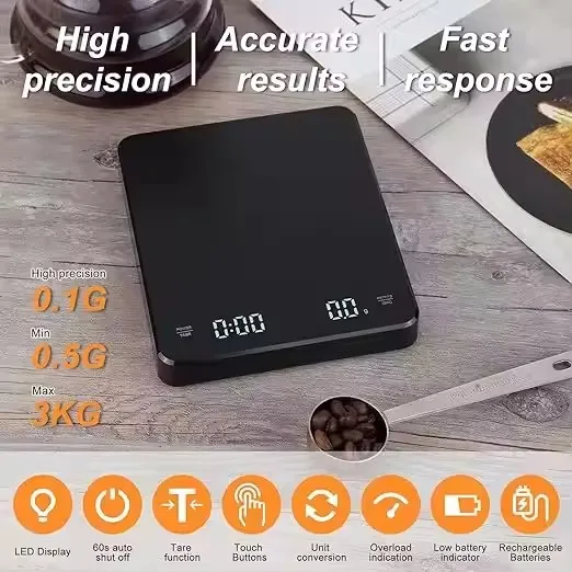 Rechargeable Mini Coffee Scale with Timer Portable Digital Kitchen Scale with Automatic Timing