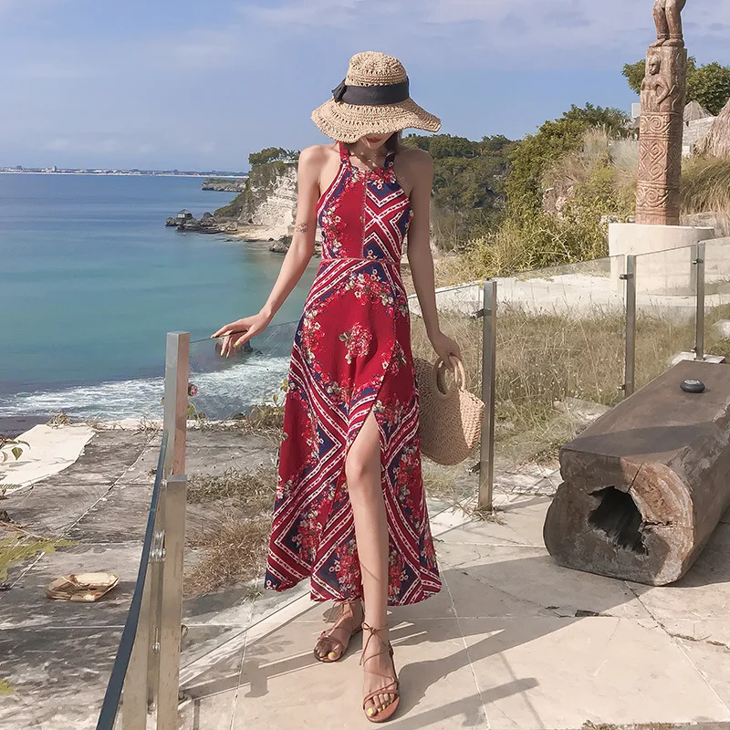 Classic Hawaiian Beach Leaky Back Skirt Wearing Sexy Casual Dresses for Island Holiday Travel