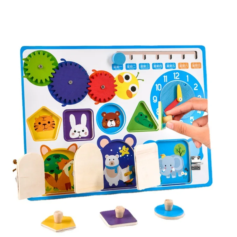 Kids Busy Board Children Toy Wood Sensory Activity Board Unlock Gear Calendar Time Recognition Shape Puzzle For Fine Motor Skill