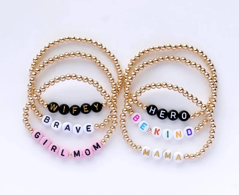 Custom Word Name Beaded Bracelet 14kt gold filled Beaded Bracelet set Personalized Heart Beaded Name Bracelet Jewelry