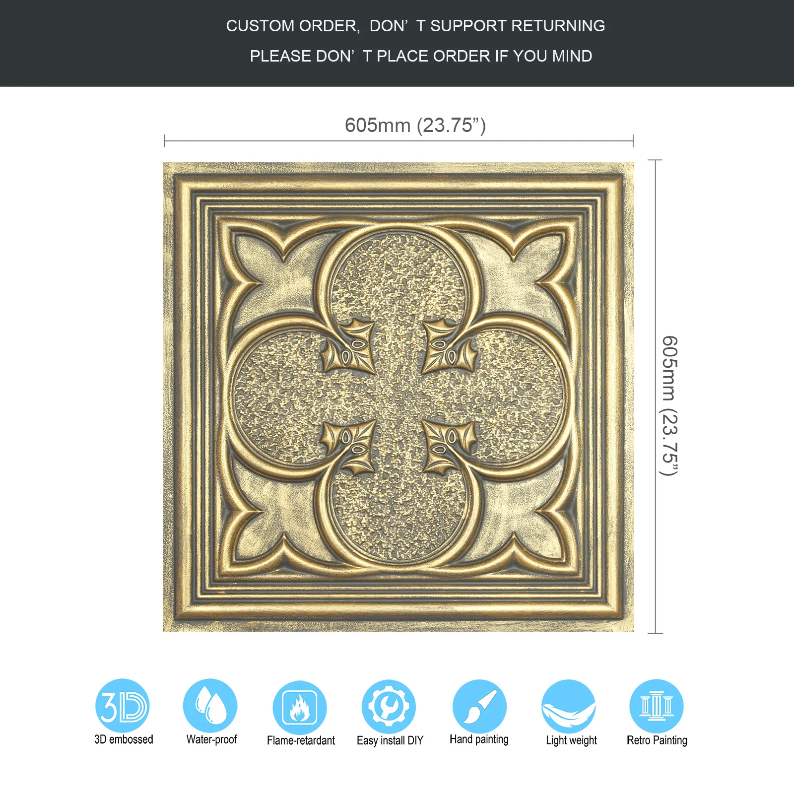 Faux finished crevices artistic ceiling tiles 3D embossed wall board Easy to Install PVC Panels for Saloon PL35 ancient gold