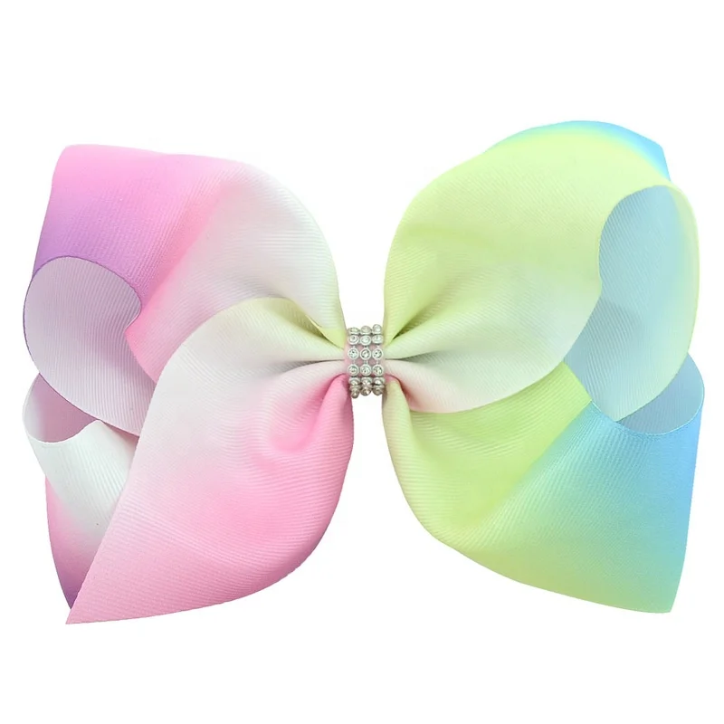 E-Magic Manufacturer Handmade big size 8 inches Gradient rainbow Grosgrain ribbon bow with hair clip for baby girls