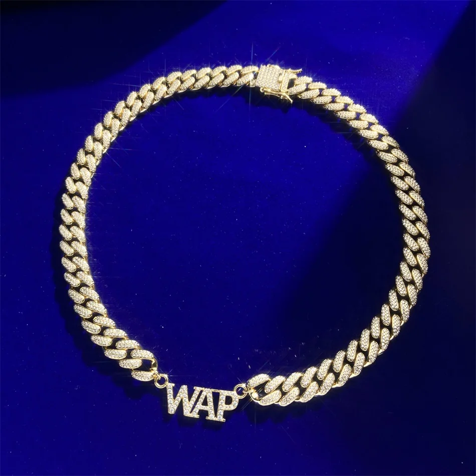 Factory Miami Cuban Link Chain Moissanite Iced Out Diamond Real 14K Gold Plated Hip Hop WAP Letter Pendant Necklace