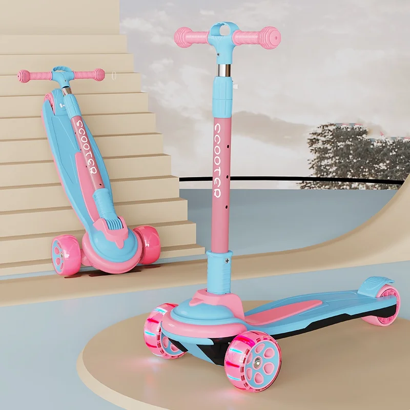 Multifunctional 3-Wheel Foldable Foot Kick Scooter for Kids Removable Seat Adjustable Height Light PU Balance Bike