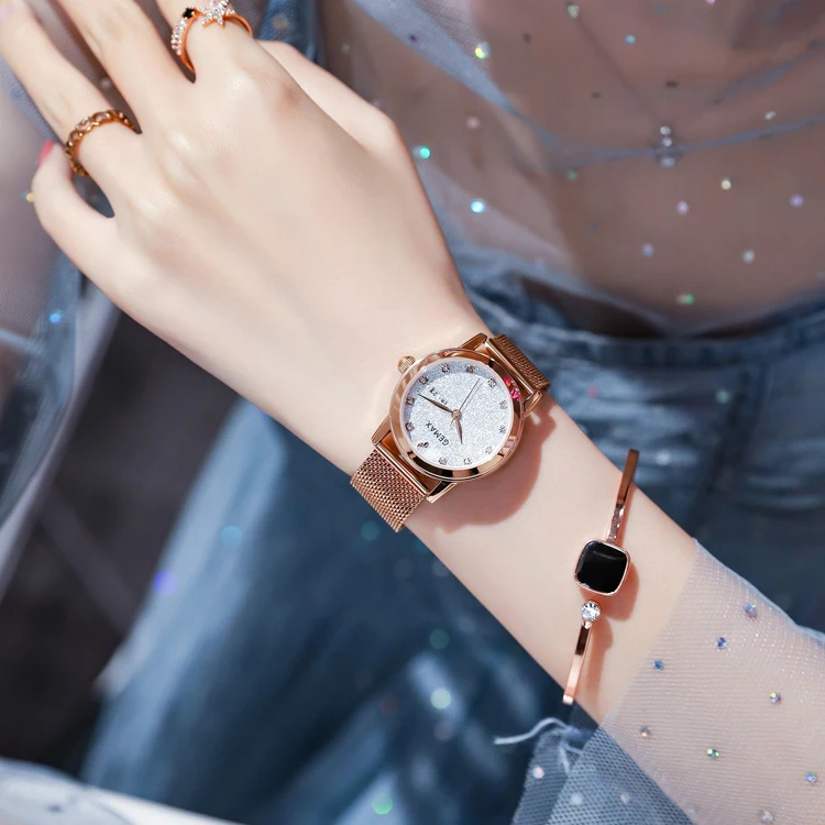 Женские кварцевые часы, часы со стразами для женщин, стильный сетчатый ремешок, женские Роскошные наручные часы