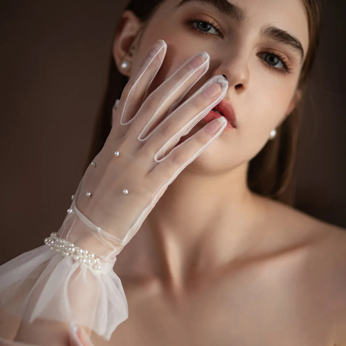 LUOXIN Women Pearl Gloves Tea Party Short Dress Gloves Full Fingered Bridal Gloves