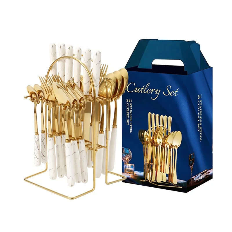 hot stainless steel cutlery set 24 piece fork spoon set with storage cutlery stand Gift Box Gold silver cutlery set