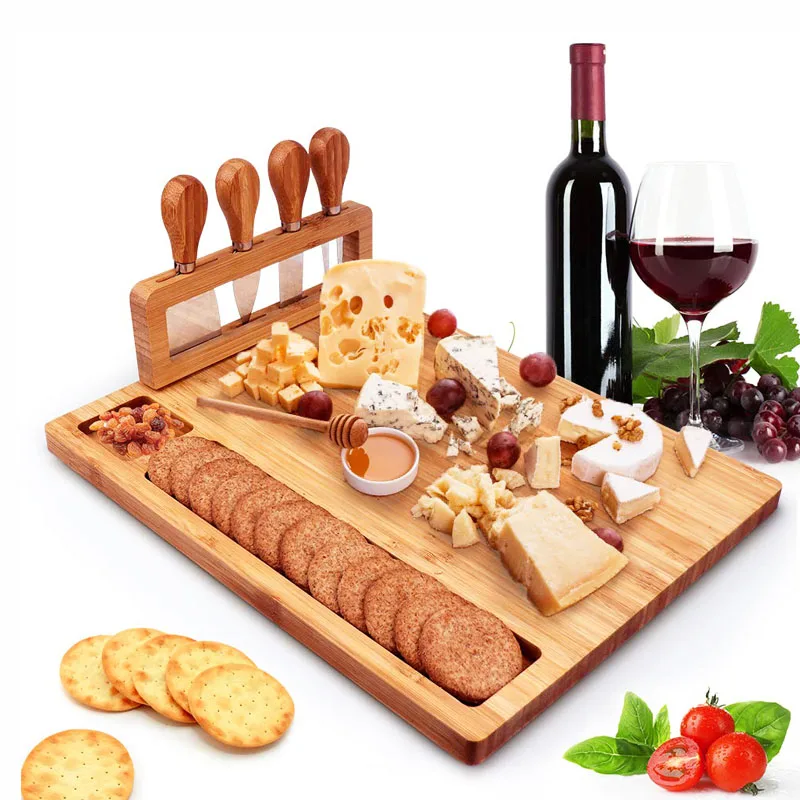 Natural Bamboo Unique Charcuterie Platter Bamboo Cheese Board Charcuterie Board and Cutlery Set