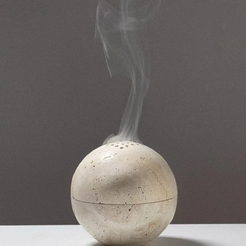 Customized Natural Beige Travertine Incense Holder Marble Incense Burner Home Decoration Religious Round Sphere Incense Holder