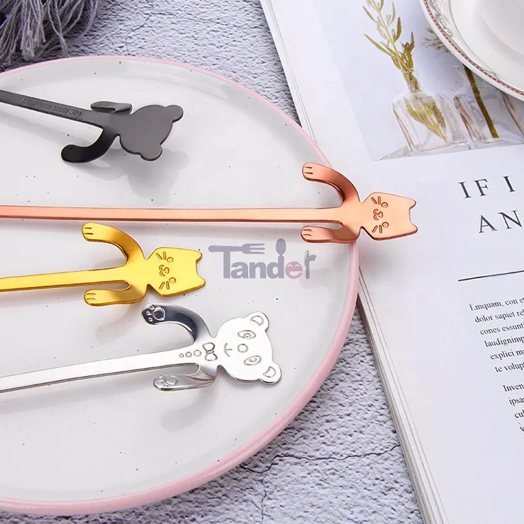 Cat Design Edible Cartoon Silver Black Table Long Handle Brass Korean Stainless Steel 304 Gold Coffee Milk Tea Spoons Ice Spoon