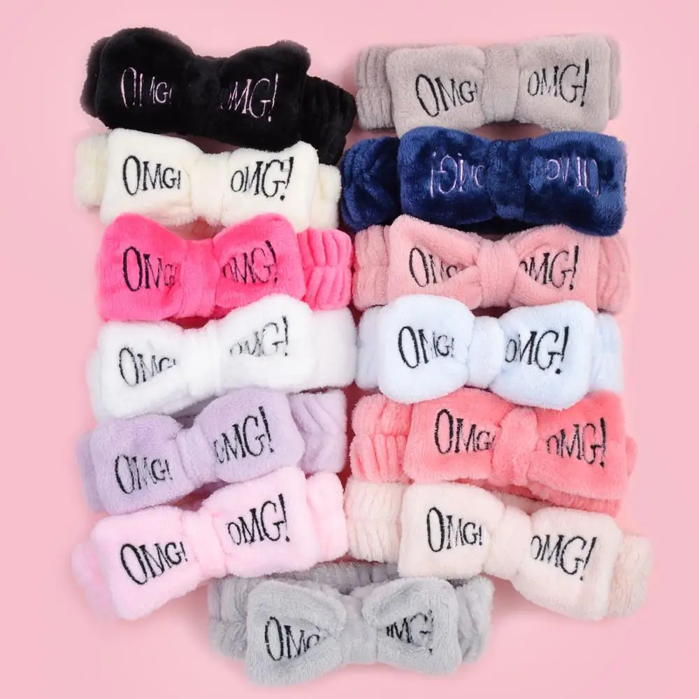 New OMG Letter Coral Fleece Wash Face Bow Hairbands For Women Girls Headbands Headwear Hair Bands Turban Hair Accessories