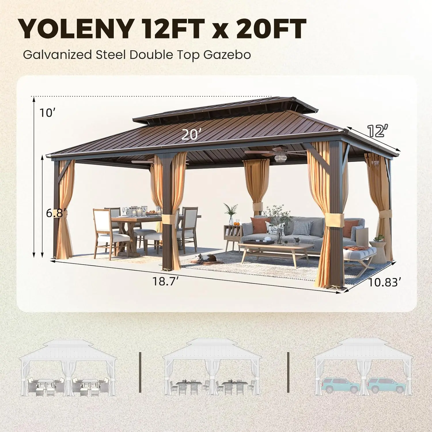 Youya Customizable Size with door Aluminium Outdoor Gazebo Double Roof Sun Room Pavilion Gazebo