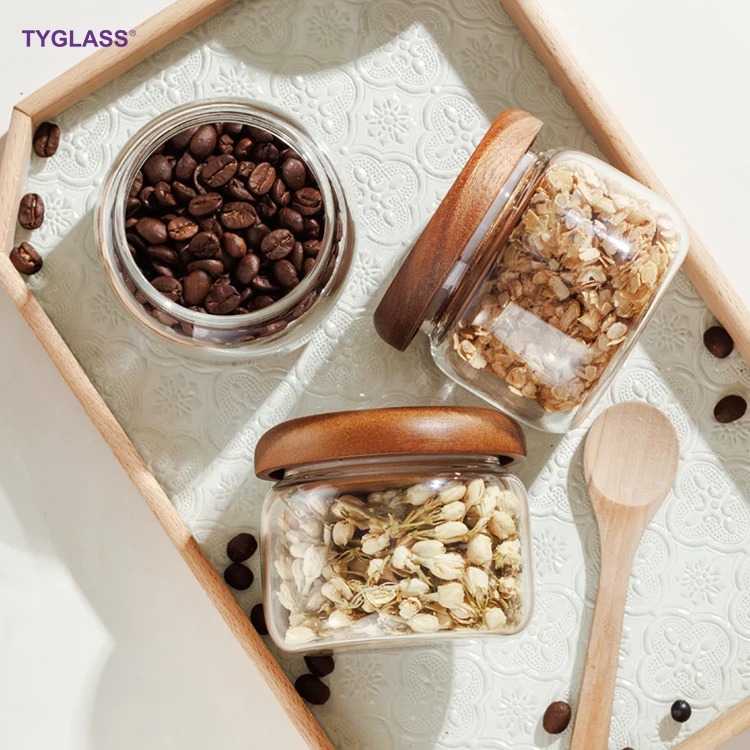 Factory Borosilicate Glass Spice Jar Delicate glass Coffee Storage jar with Airtight Acacia Lid for Kitchen Coffee  Srorage