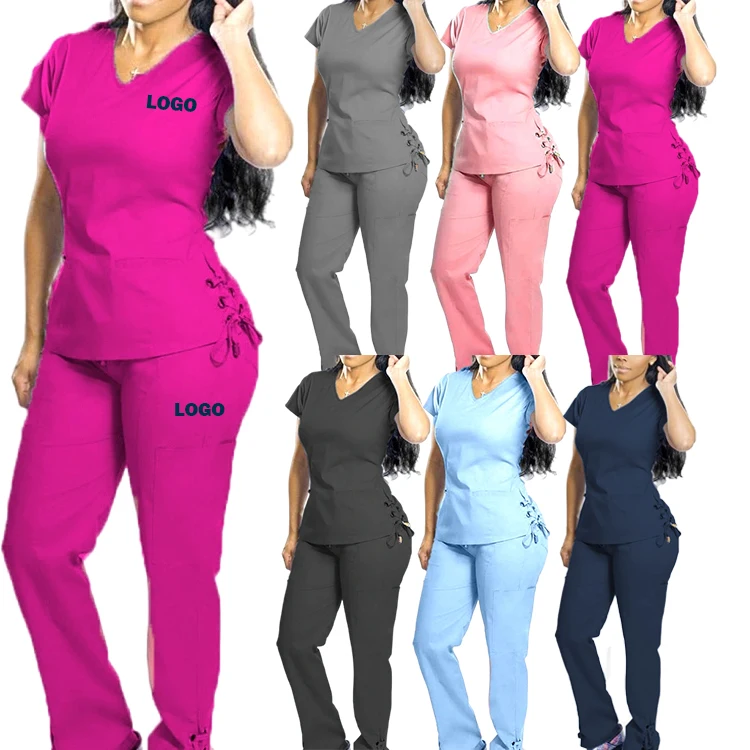 Custom Hospital Uniforms Summer Stretch pink Scrub Eye Lash Hair Nail Spa Beauty Spa Beauty Nursing Sexy Woman Nurse Scrubs Set
