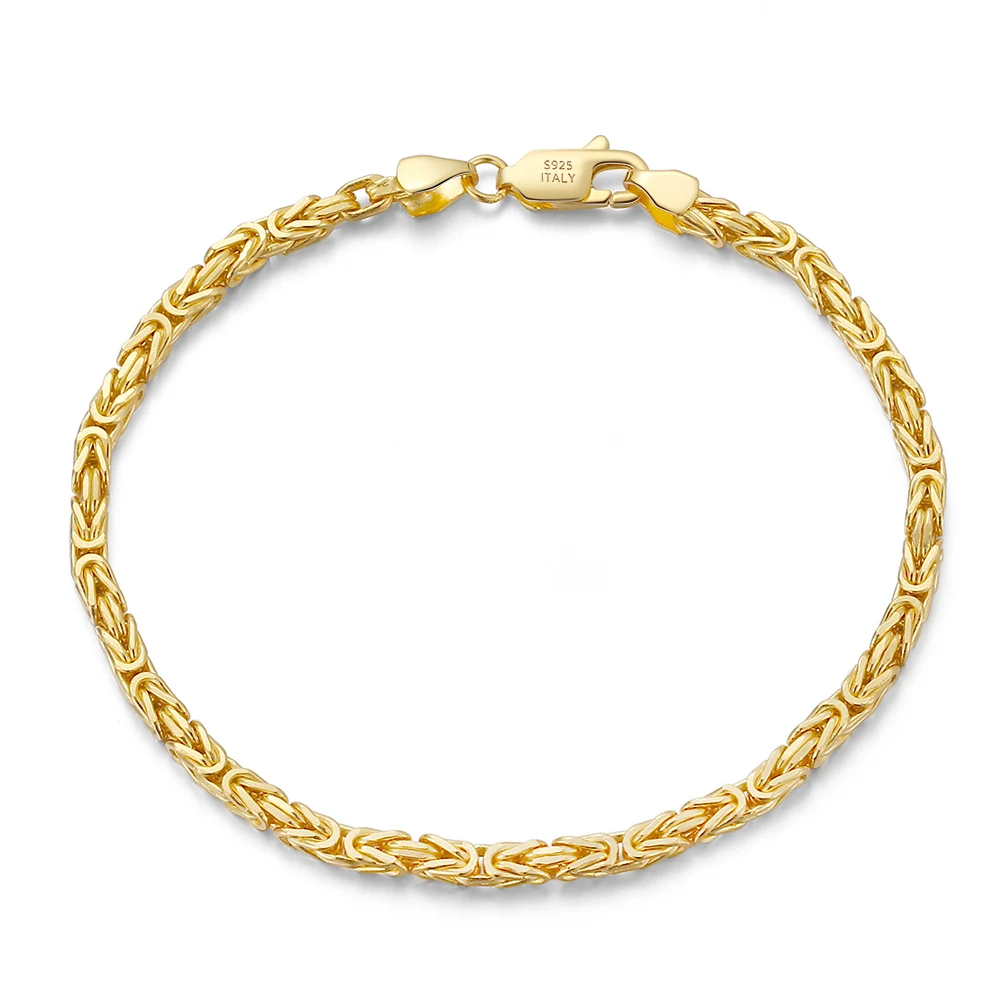 RINNTIN SB122 Handmade Italian 925 Sterling Silver 18K Gold 2.5mm Flat Byzantine Link Chain Bracelet for Women Men