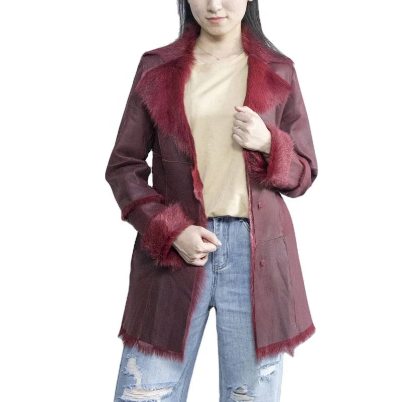 Red  v-neck medium long women leather jacket with fur genuine sheep skin leather women  jacket