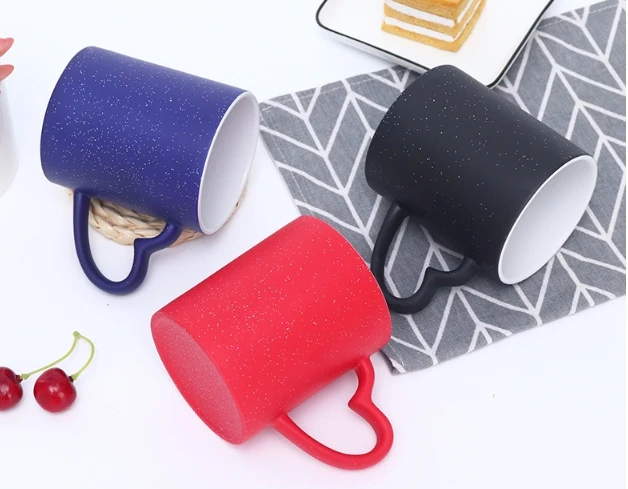 Wholesale Sublimation Ceramic Mug Heat Transfer Color changing Cup with Heart Handle 11oz Magic Mug