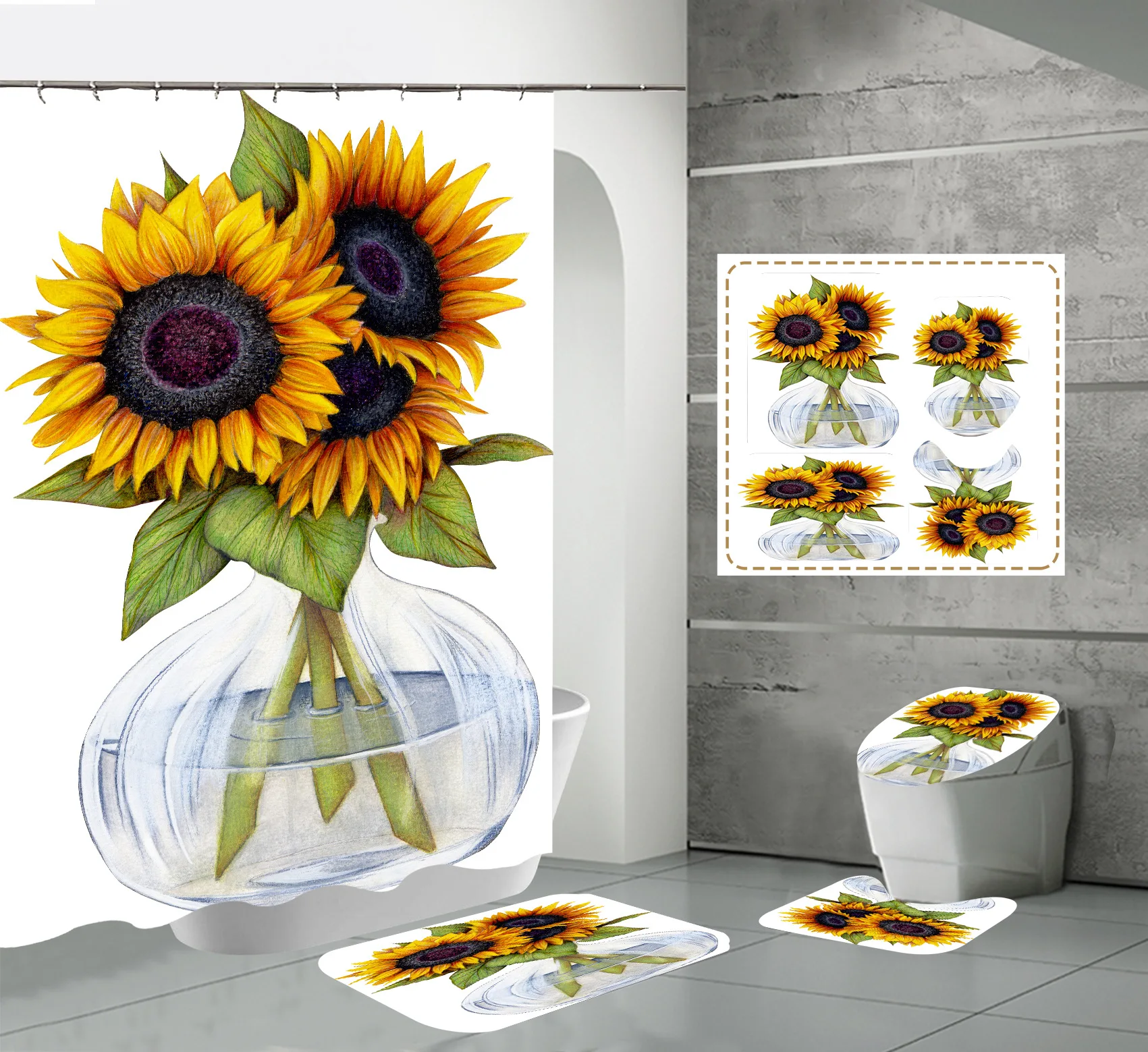 Promotion Custom Design Digital Printing Mildew Resistant Waterproof Bathroom 4 pcs set  Shower Curtain