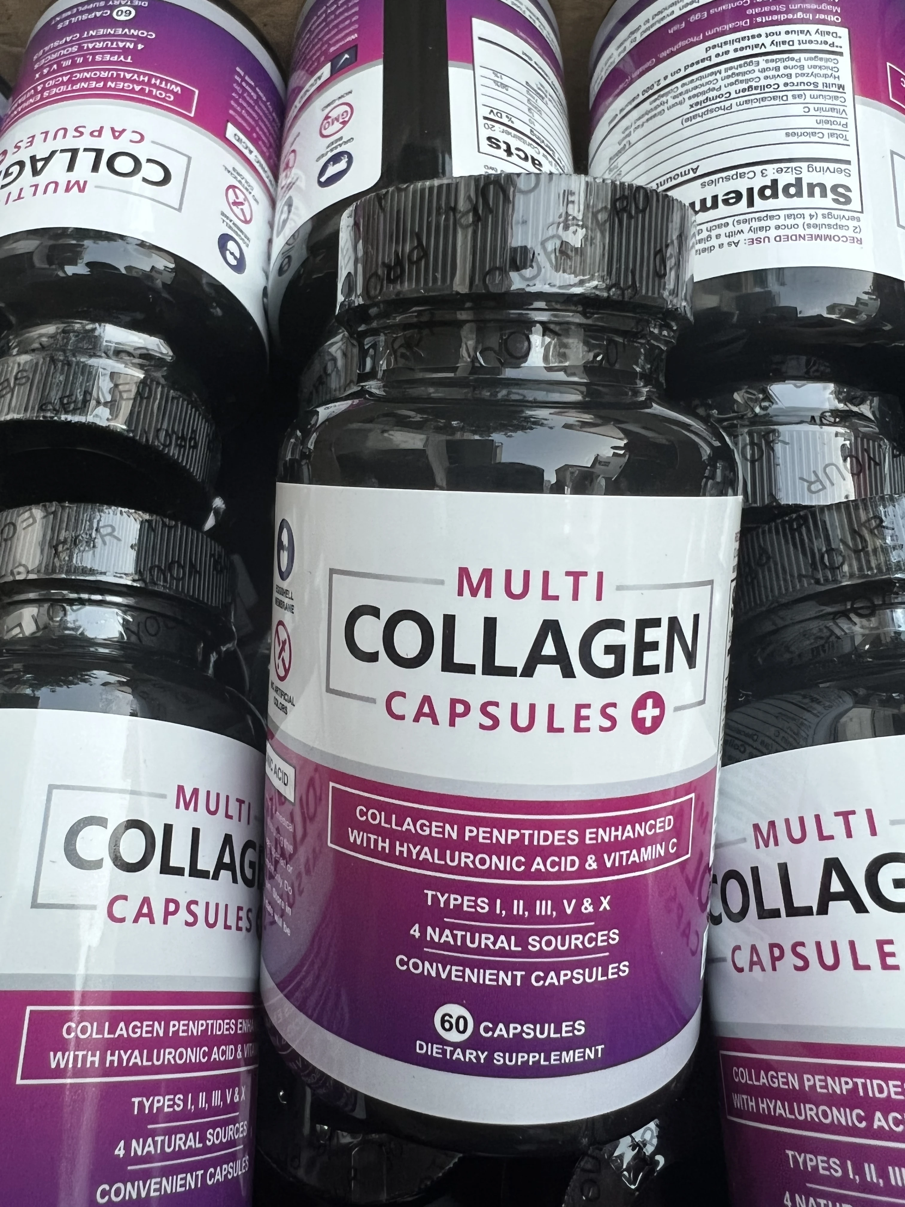 Customizable Hyaluronic Acid and Vitamin C Hydrolyzed Collagen Peptides Types I II III V X Multi Collagen Capsules