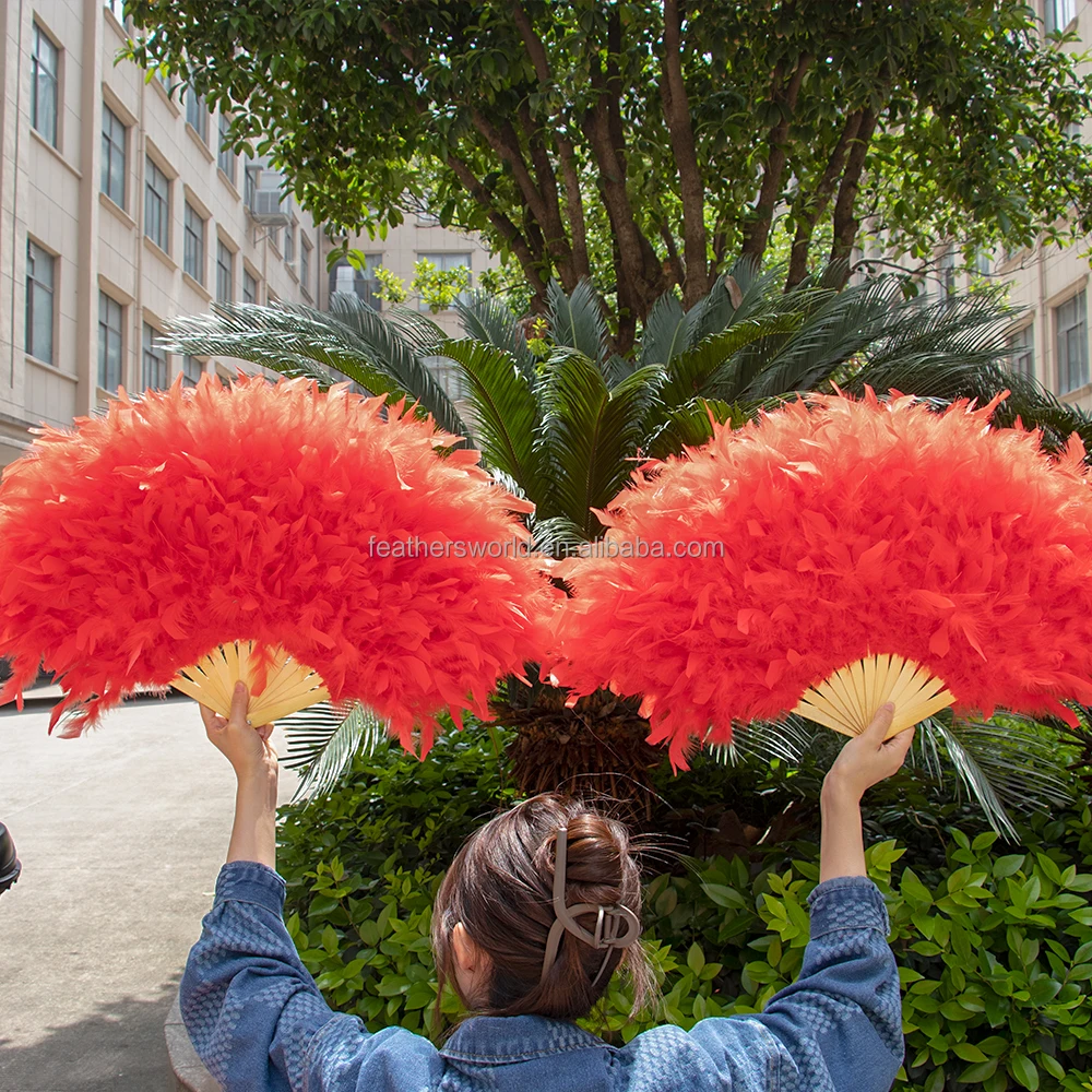 Turkey Feather Fans 13 Bones Plumage FAN With Bamboo Fluffy Red Staves for Belly Dance Halloween Wedding Party Folding Fan